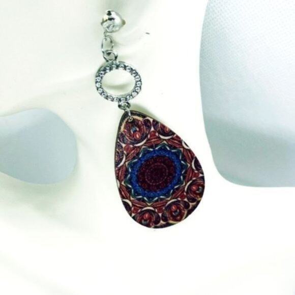 New NWT Silver-Tone Rhinestone Painted Wood Dangle Earrings - Picture 1 of 6
